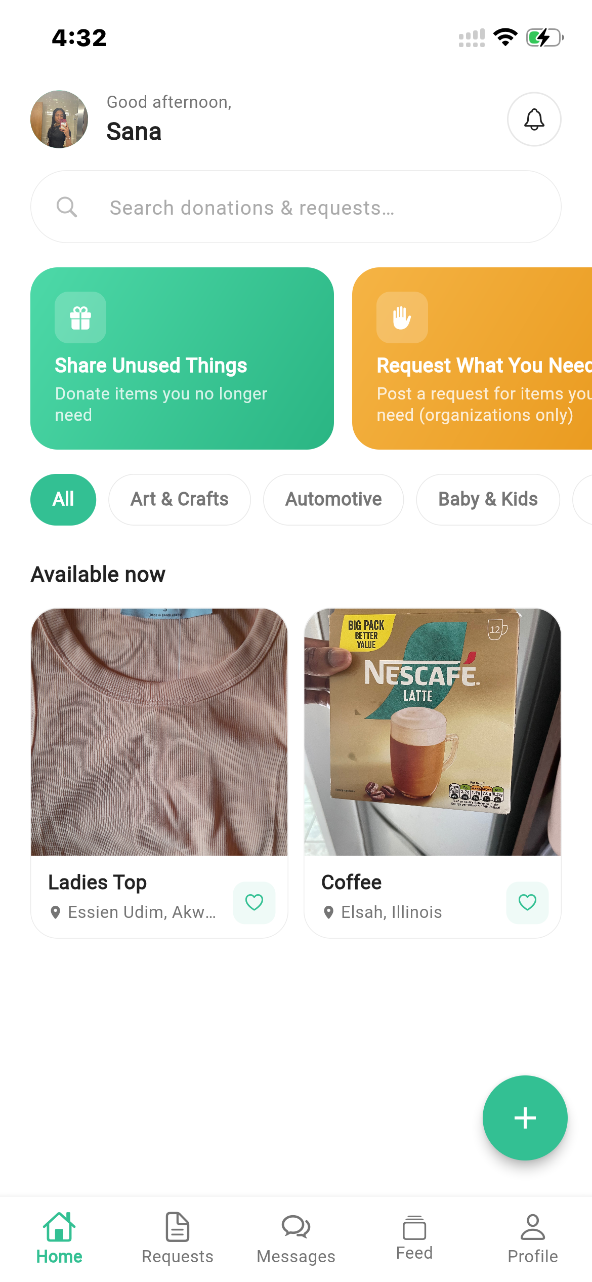 Suslify home feed showing donation listings