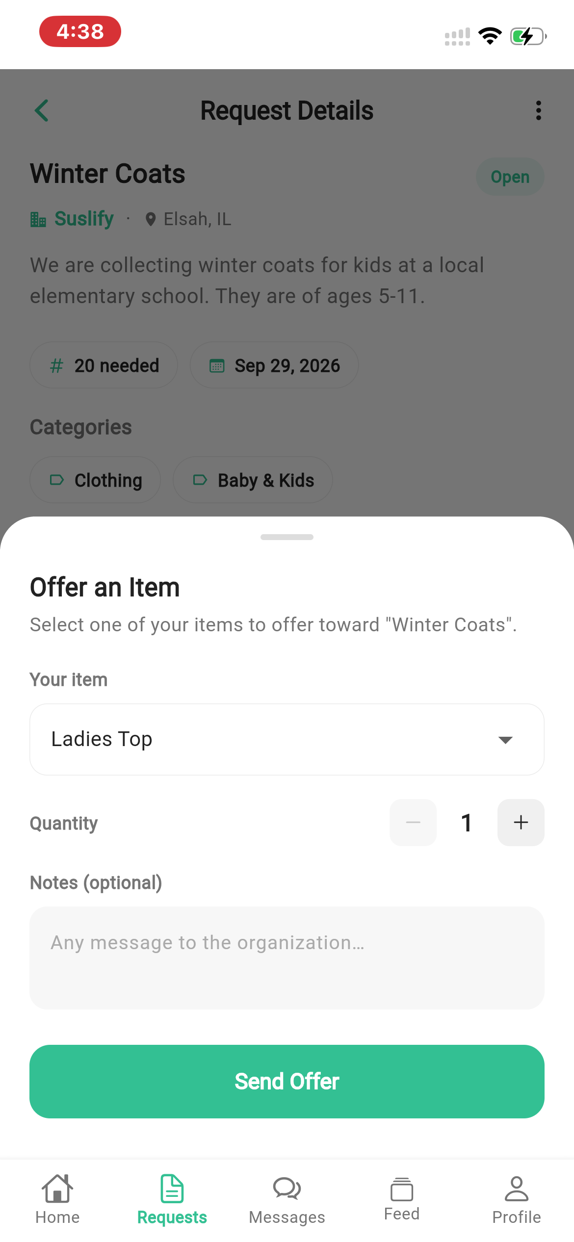 Donor offering an item to a non-profit request